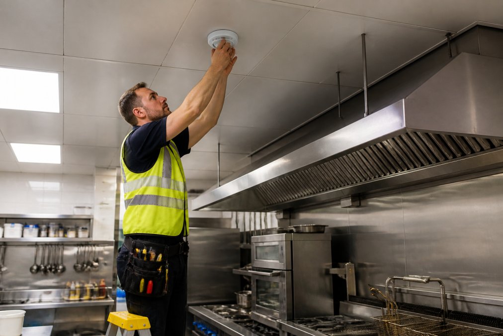 Fire safety technician installing a heat detector in a commercial kitchen to compare with a smoke alarm