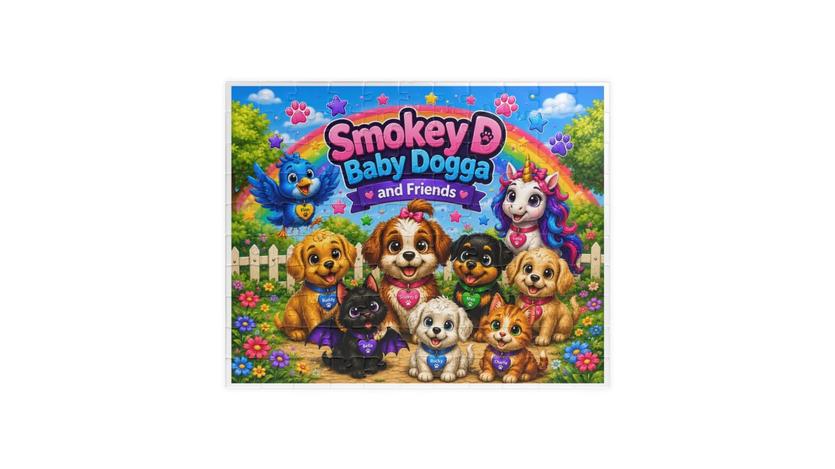 Smokey D Baby Dogga and Friends Kids Jigsaw Puzzle – Colorful Puppy Unicorn Scene (110–1014 pcs)