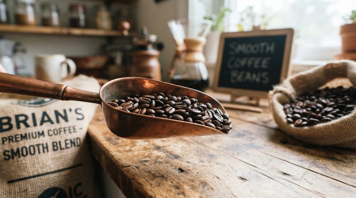 Close-up of various smooth coffee beans in different roast colors arranged in small piles on a wooden surface with a wooden coffee scoop and morning sunlight
