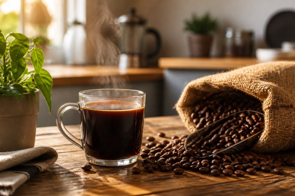 A warm, inviting kitchen scene with a clear glass mug of freshly brewed coffee on a wooden table, next to a burlap sack of coffee beans and a small plant in soft morning light