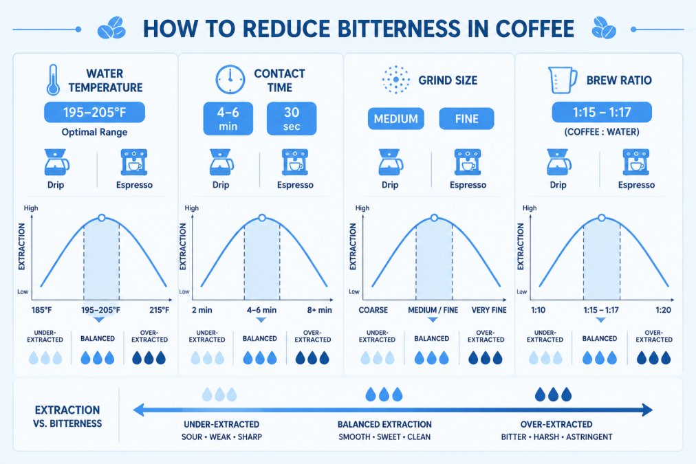 Infographic showing how grind, temperature, and brew time affect coffee bitterness levels