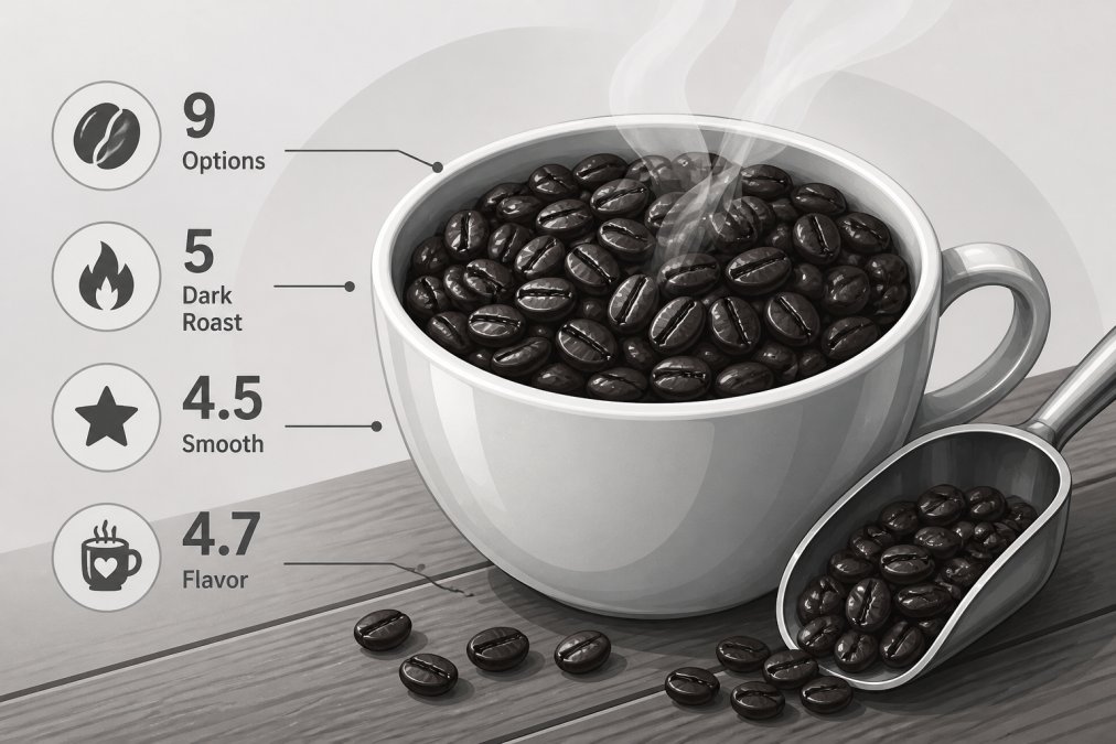 Close-up of dark roasted coffee beans in a white ceramic cup with steam rising, showing the oily surface and rich brown color, on a wooden table with a coffee scoop nearby