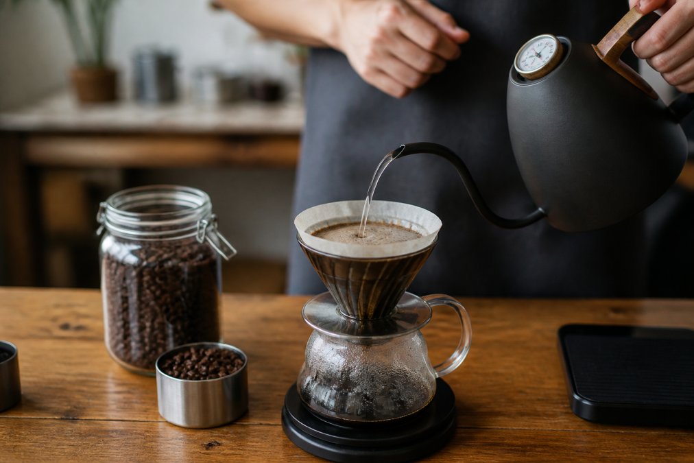 Hands pouring hot water from a kettle into a pour-over coffee filter, with whole dark roast beans visible in the background and a temperature gauge visible on the kettle
