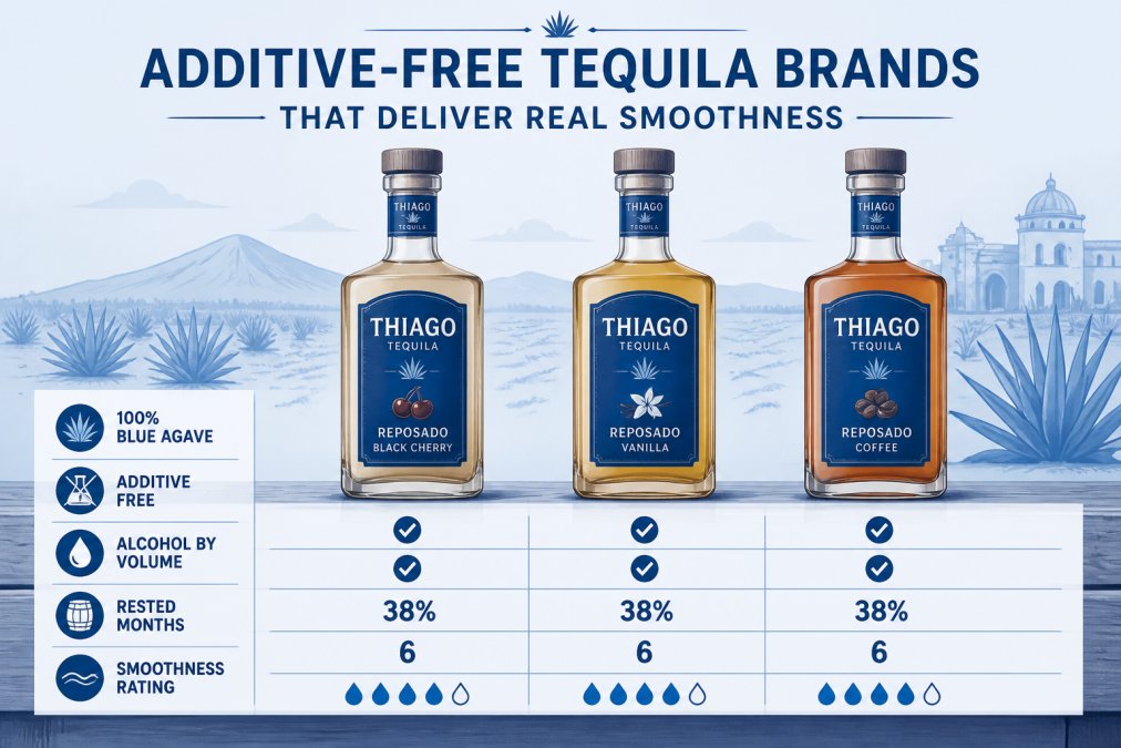 Three premium tequila bottles displayed on a rustic wooden bar counter with agave plants and Mexican landscape visible in soft golden background lighting