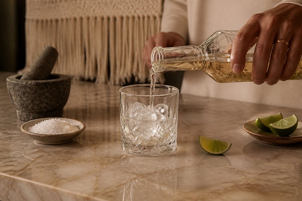 Hands pouring smooth tequila into a crystal glass over ice, with a lime wedge and sea salt nearby on a polished marble surface, warm lighting from above