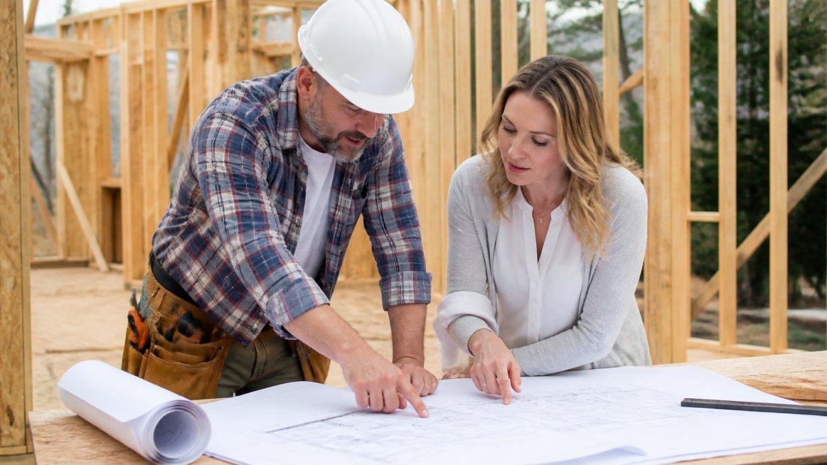 Contractor and homeowner reviewing blueprints for smoothly managed projects at a construction site