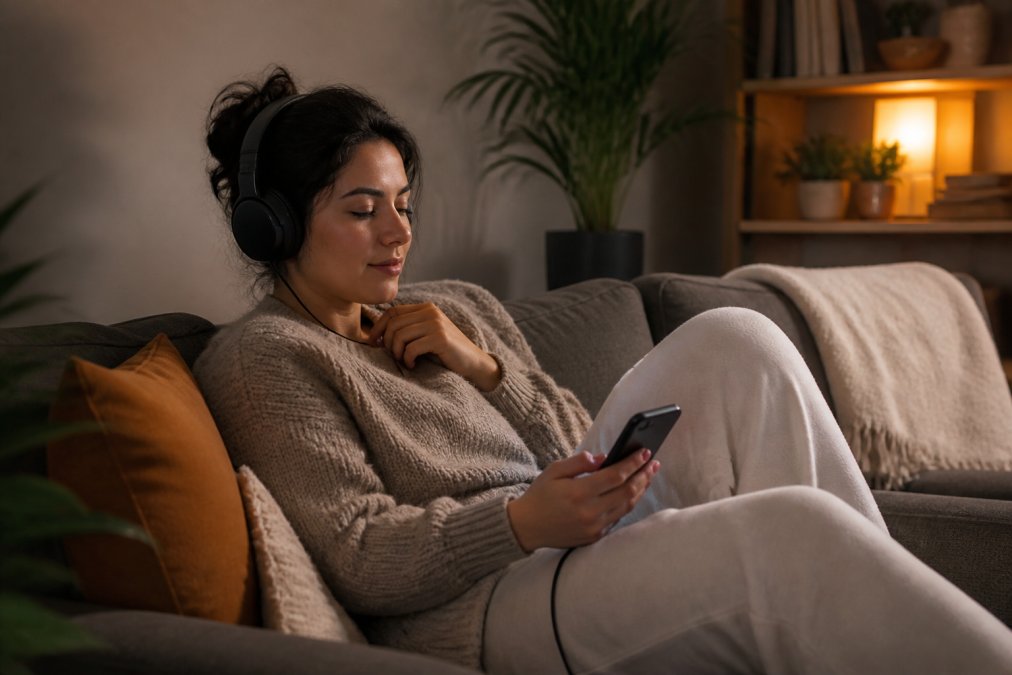 Person relaxing on a couch wearing wireless headphones, listening to audio fiction on a smartphone in a comfortable home setting with warm evening lighting