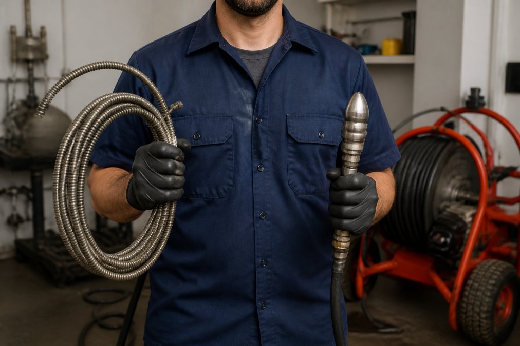 Professional plumber holding a flexible metal cable drain snake in one hand and a high-pressure hydro jetting nozzle attachment in the other, demonstrating the physical contrast between mechanical and water-based tools in a modern plumbing workshop