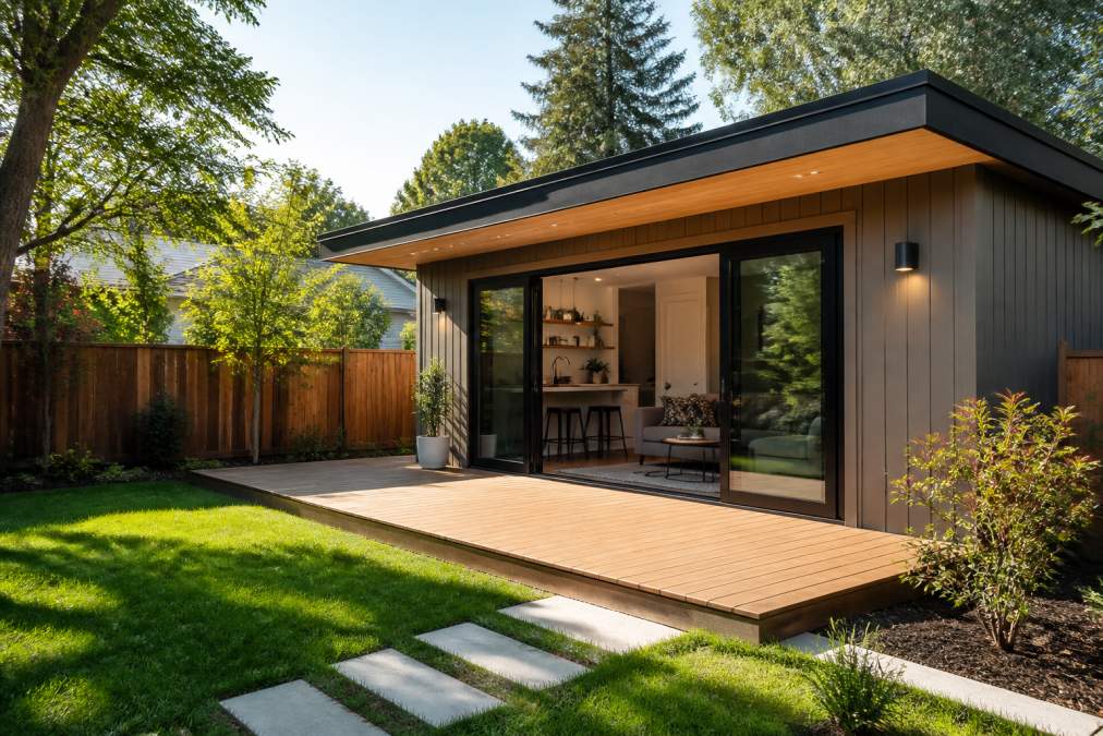 A modern prefab ADU sitting in a sunny backyard with large glass sliding doors open, a wooden deck leading to a manicured lawn, and a cedar fence in the background