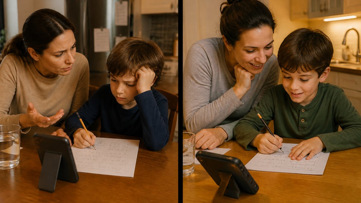A parent and a young child sitting at a kitchen table with a smartphone propped up, a worksheet covered in math problems between them, warm evening light