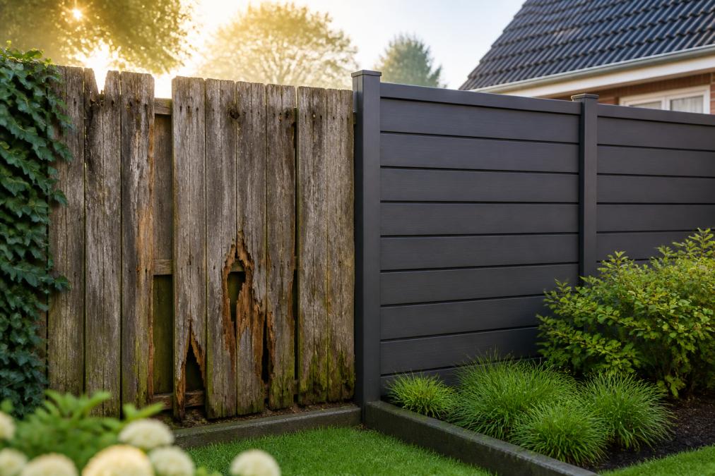 Weathered wooden fence showing visible rot, splintering, and color fading next to a well-maintained composite fence with uniform color and clean lines, both in a residential garden with morning sunlight