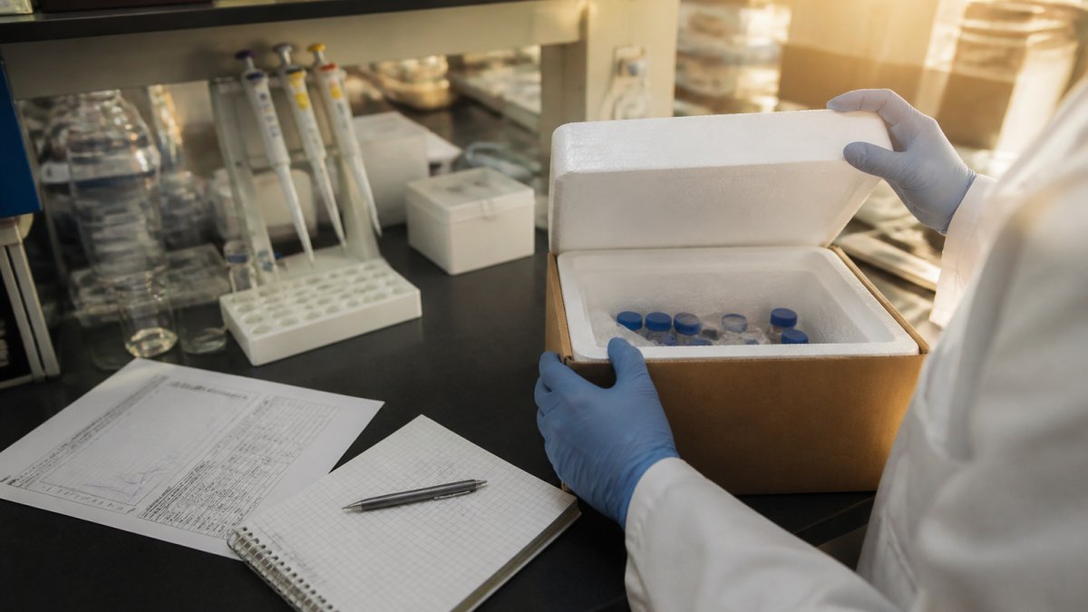 Onderzoeker in laboratorium die voorzichtig een thermisch geïsoleerde peptide-verzendbox openmaakt, met COA-document en notitieblok op het werkblad, natuurlijke laboratoriumverlichting