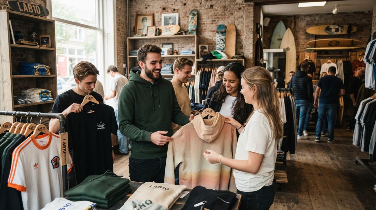 Jonge man in trendy streetwear outfit staande in een moderne kledingwinkel met curated collectie sneakers en hoodies op display