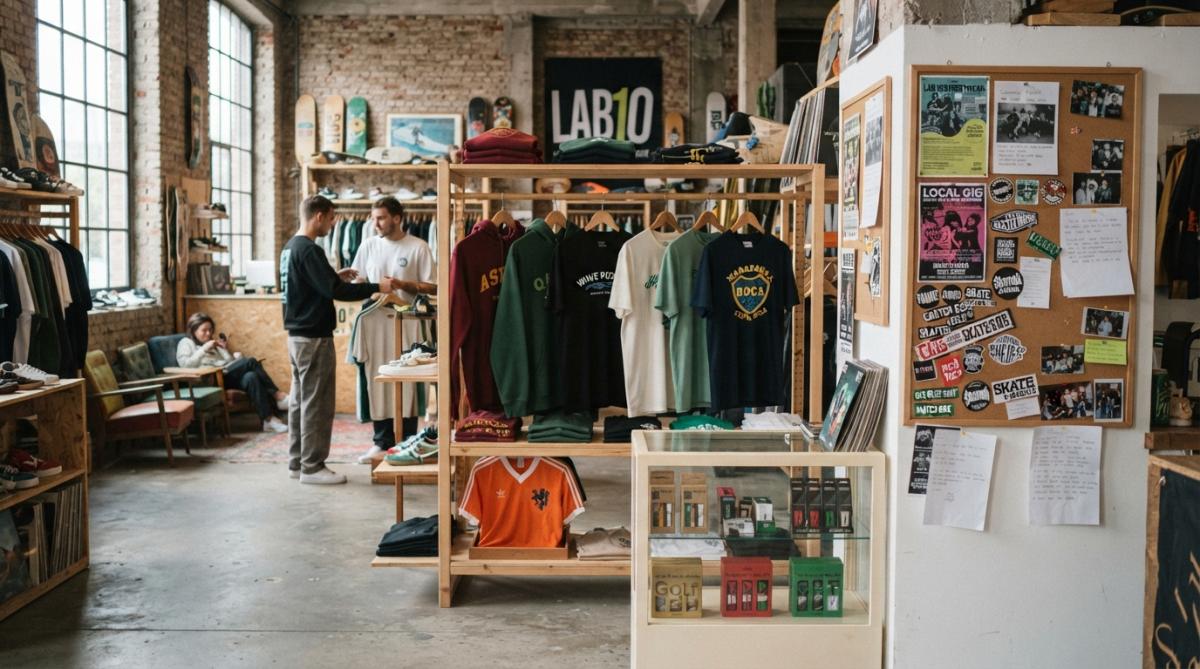Interieur van een moderne streetwear winkel met kleurrijke hoodies, sneakers en accessoires op display, met klanten die rond kijken en elkaar aanspreken