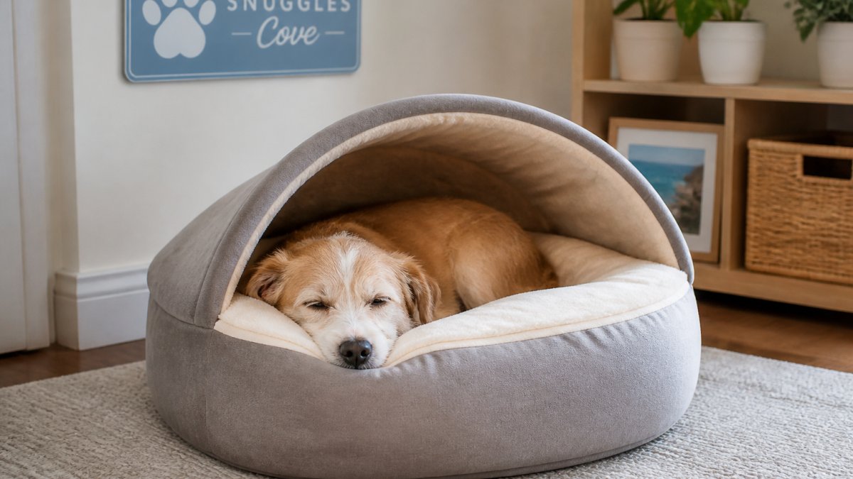 Calm dog resting peacefully inside an enclosed pet bed with an open hood, showing the dog's relaxed posture and secure, cozy environment