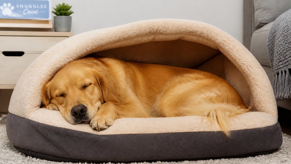 Large golden retriever sleeping peacefully on a premium dog bed with reinforced hood, showing the bed's structure and the dog's relaxed, contented posture