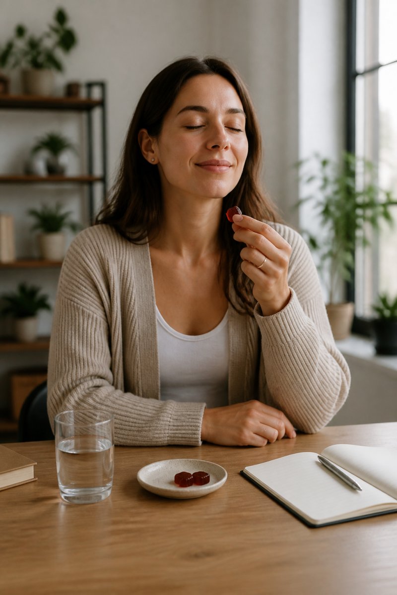 Person in a calm home setting with a gummy and water glass nearby, appearing relaxed and mindful, natural lighting
