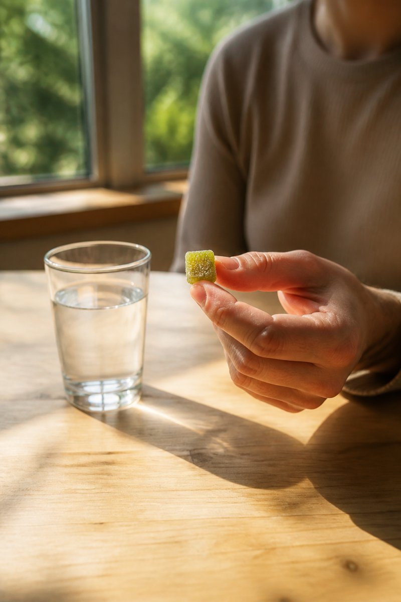 Person holding a single nanotech THC gummy with a glass of water on a clean wooden table, morning sunlight streaming through a window, calm and deliberate setting with minimal distractions