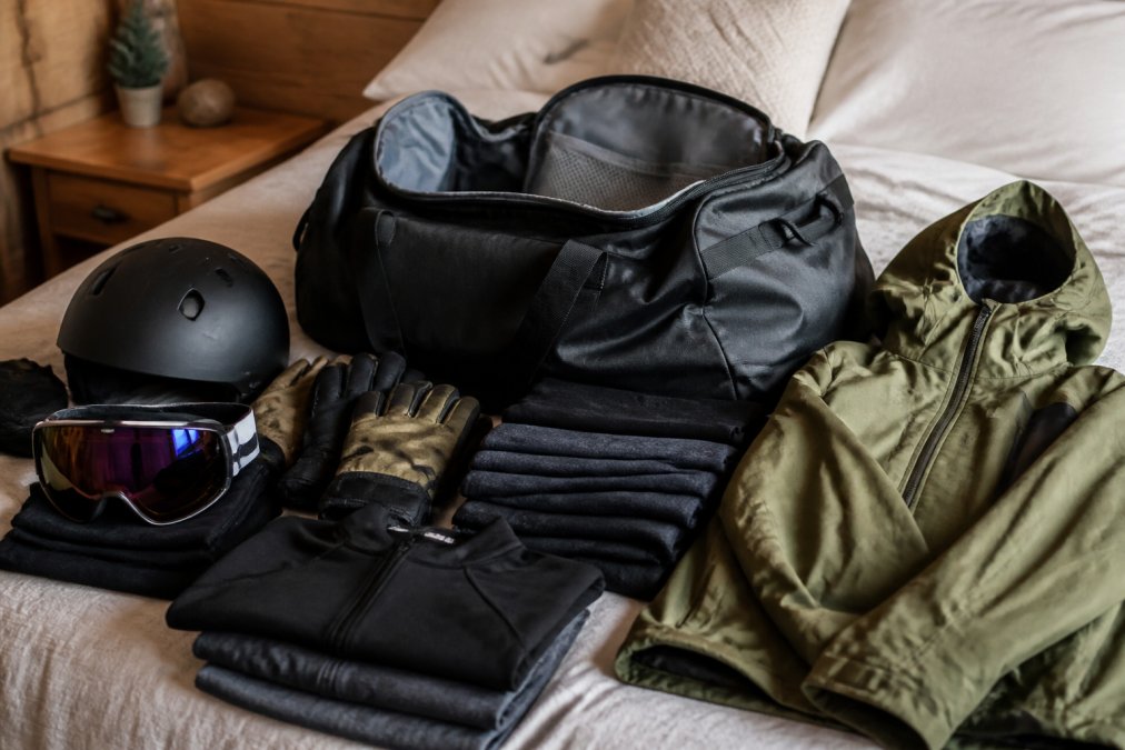 An open duffle bag on a bed surrounded by neatly organised snow gear including a helmet, goggles, gloves, thermal layers and a ski jacket ready for packing