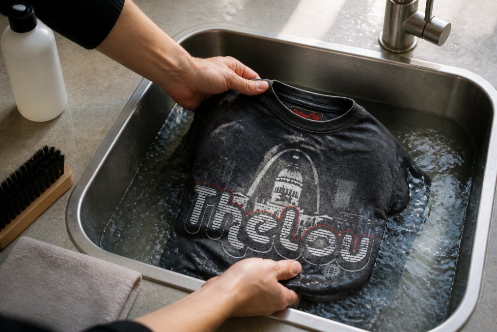 Hands carefully washing a snow washed garment in cold water in a sink, with gentle handling demonstrated, soft natural lighting from above