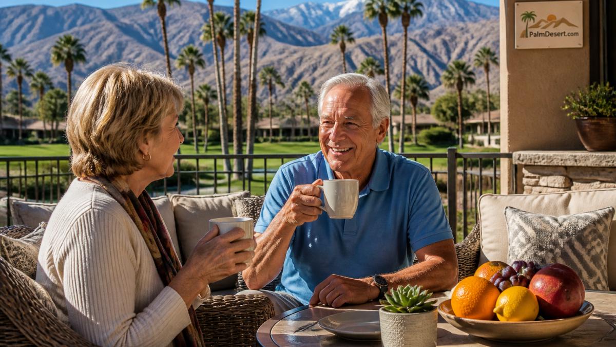 A couple enjoying coffee on a sunny patio with palms and mountains, perfect for a snowbird guide to palm desert living.