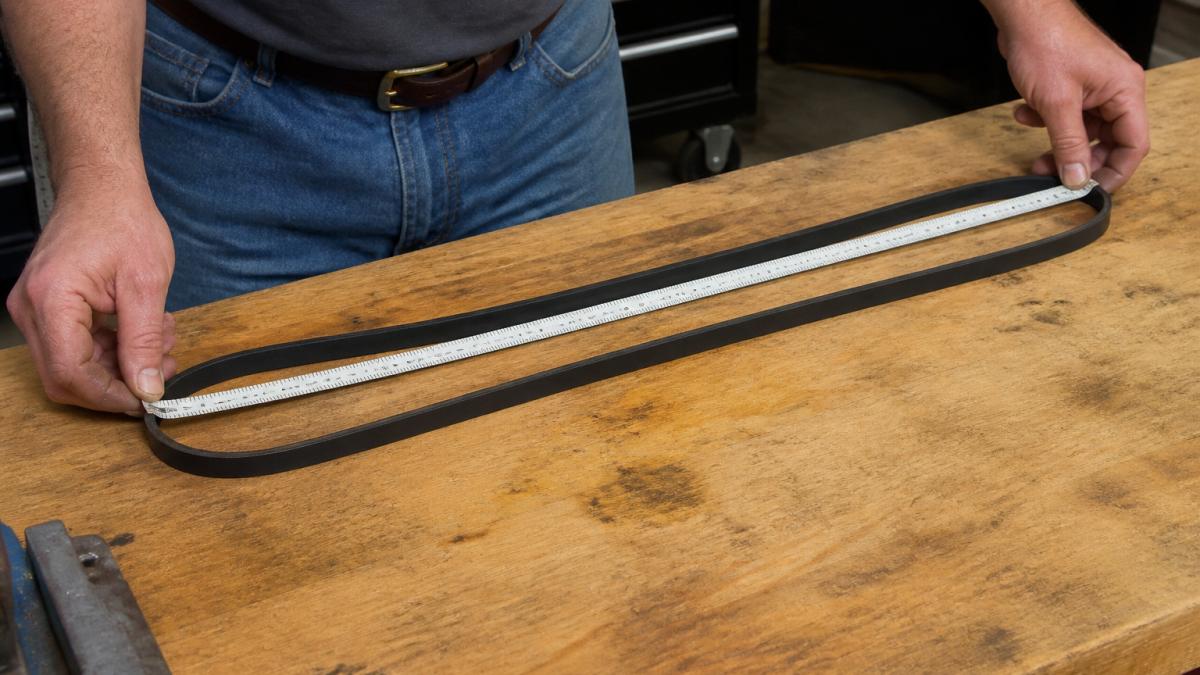 Hands using a cloth measuring tape on a lawn mower belt laid flat on a wooden workbench, showing the full length measurement from end to end in natural workshop lighting