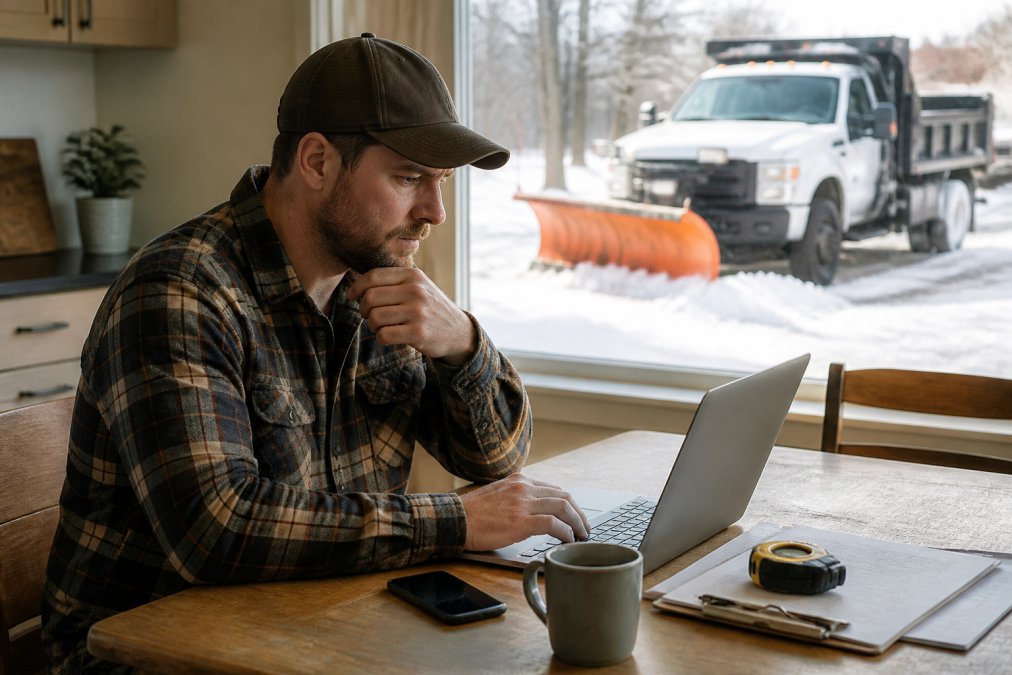 Contractor reviewing a snowplow business financing application on a laptop with a truck visible outside