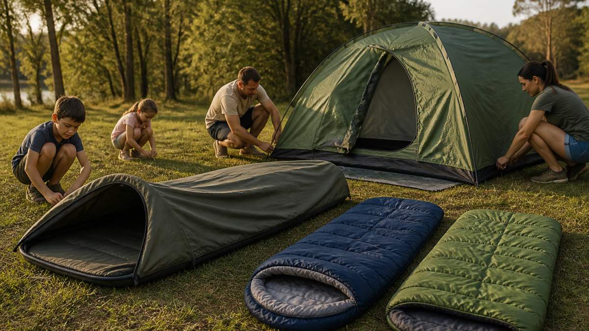 A family pitching a green dome tent at a grassy campsite in the late afternoon, with a swag and sleeping bags laid out nearby ready for the night