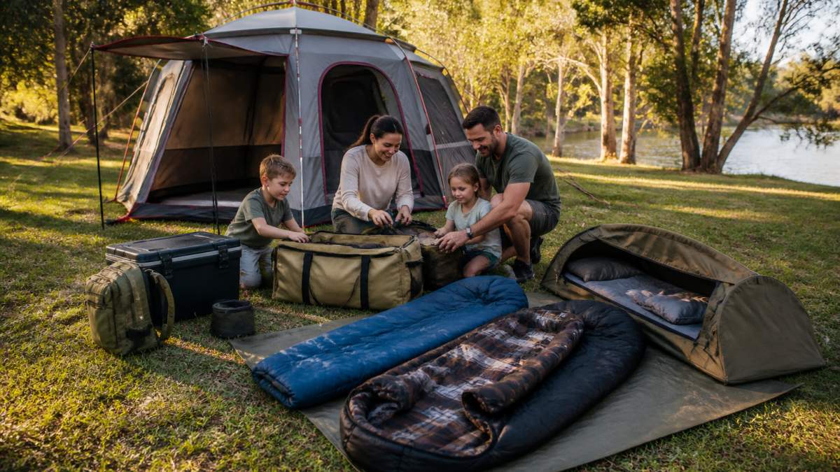 Family unpacking camping gear at a campsite, relevant for a snowys vs bcf comparison of outdoor equipment.