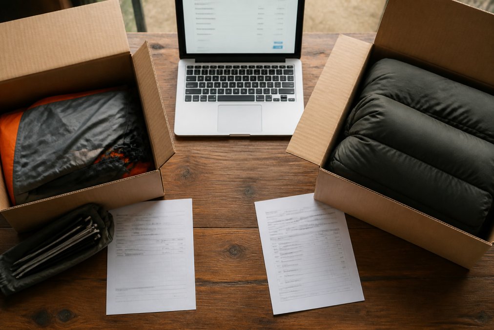 A side-by-side flat lay of two online camping gear orders on a wooden table, one box open with a tent fly and pegs, the other with a folded sleeping bag, packing slips visible beside a laptop showing a checkout page