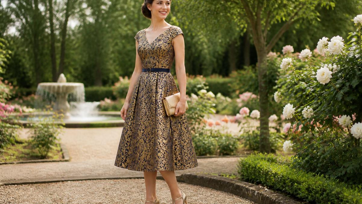 Frau in festlichem Vintage-Midikleid mit Taillengürtel, kombiniert mit Clutch und Absatzschuhen im Garten.