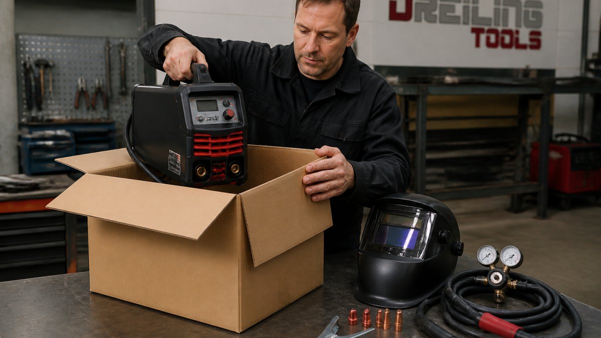 Person verpackt ein MIG/MAG-Schweißgerät für die einfache Rückabwicklung bei Schweißtechnik Bestellungen.