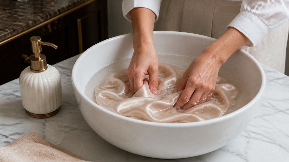 Hände waschen eine Seidenbluse schonend in lauwarmem Wasser, um Seidenstoffe reinigen zu können.
