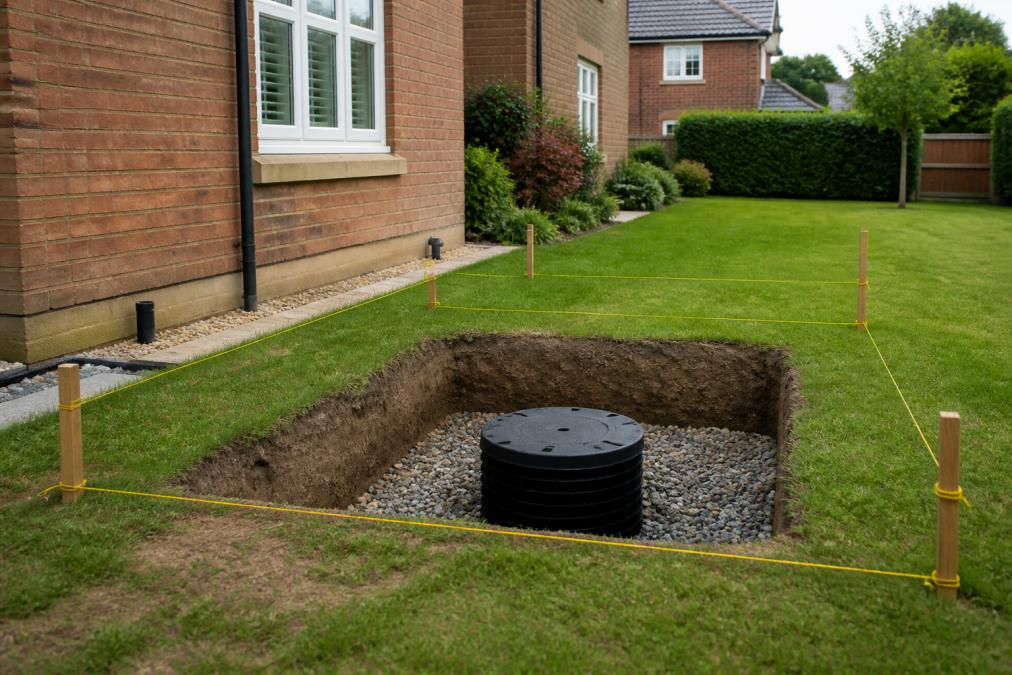 Residential property with soakaway installation pit visible in the garden, positioned away from the house foundation with ground markers and measuring stakes indicating clearance distances
