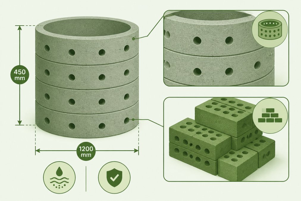 Close-up of honeycombed concrete rings and perforated brickwork material stacked during soakaway construction, showing the texture of drainage holes and structural arrangement