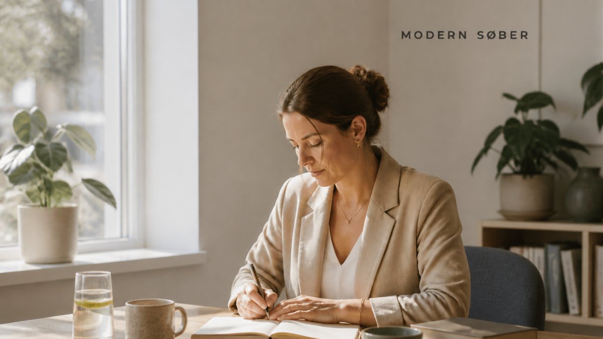 Professional in business casual attire sitting at a desk with morning coffee, looking focused and present, natural light from a window, calm workspace environment
