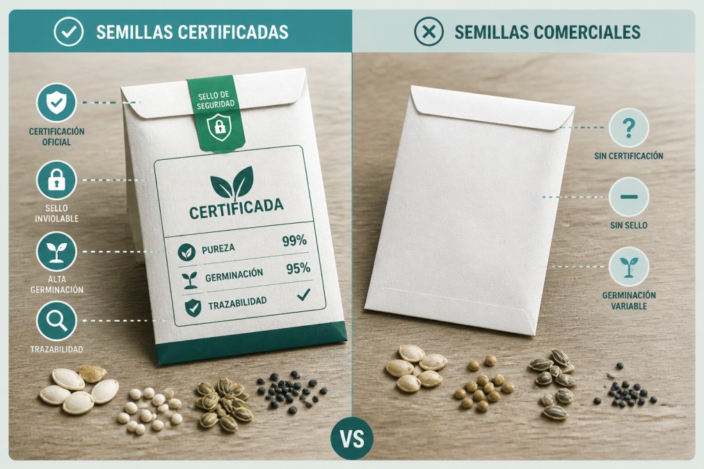 Close-up of two seed packets side by side on a rustic wooden table, one with an official green certification label and tamper-evident seal clearly visible, the other a plain white generic envelope, with scattered seeds of different sizes around both packets under warm natural light