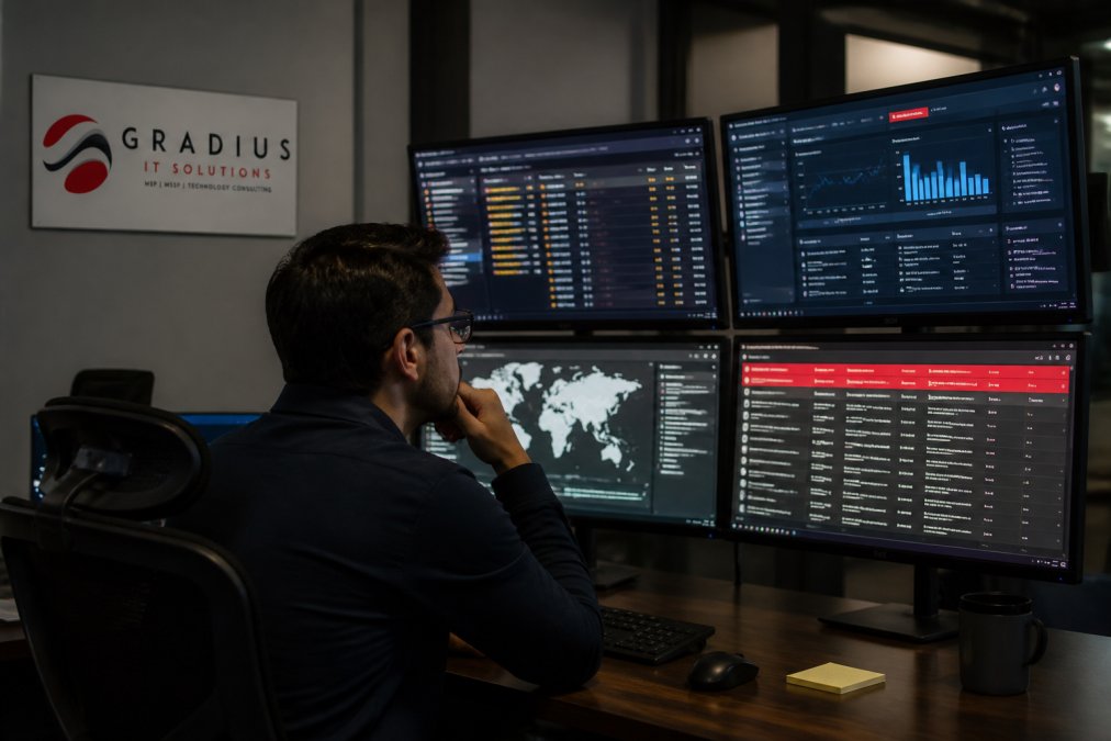 SOC Monitoring for Mid-Sized Financial Companies 1 A focused security analyst monitoring multiple screens in a dimly lit operations center, financial dashboards and threat alerts visible on the displays