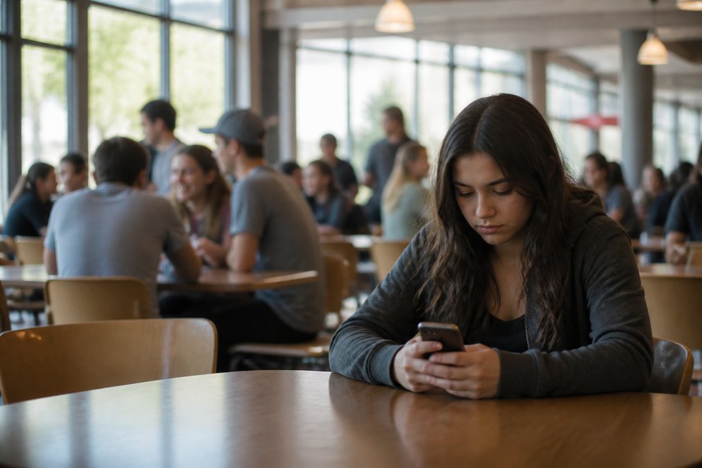 A college student sitting alone at a table in a busy campus cafeteria, looking down at their phone, with blurred students socializing in the bright background