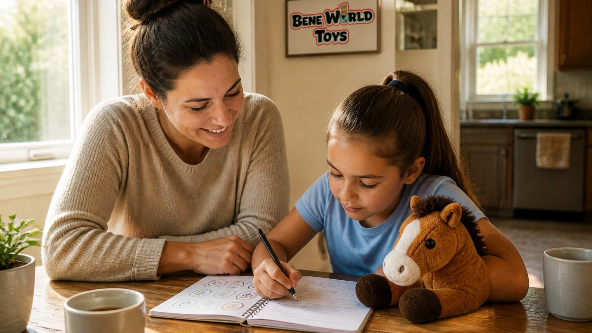 A parent and an 8-year-old child sitting together at a kitchen table with a plush horse toy, looking at a feelings journal, warm morning light coming through a window