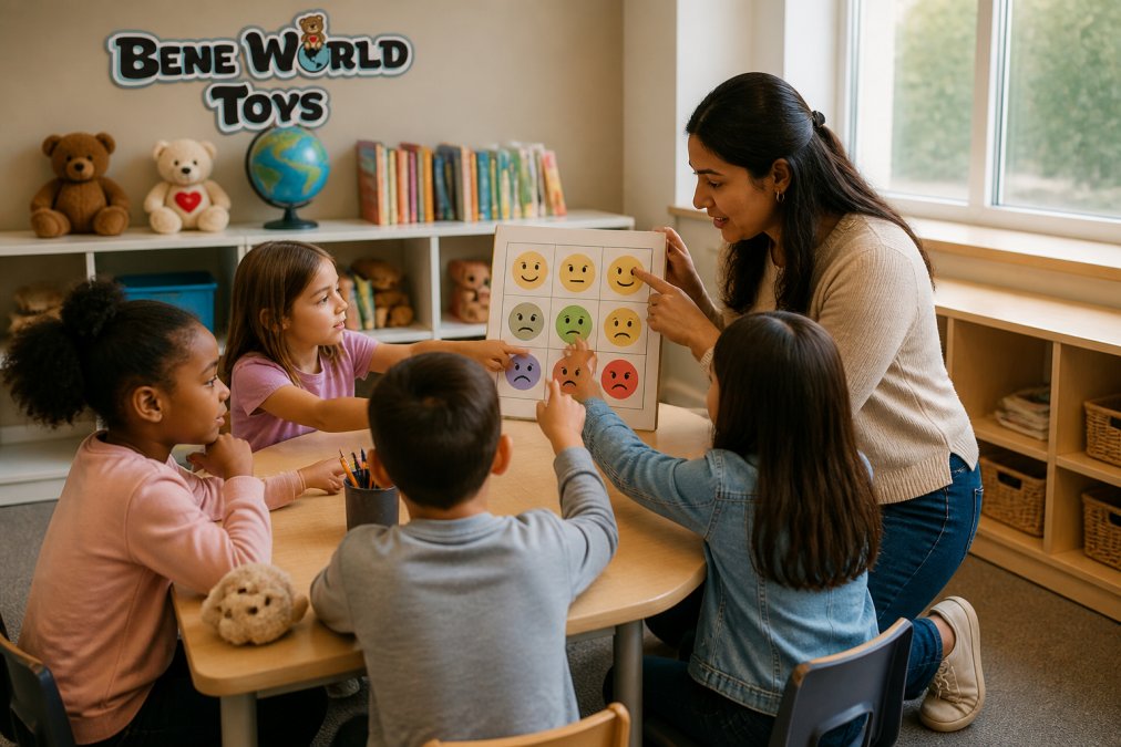 Four-step process diagram showing a teacher helping elementary students identify their emotions using a chart