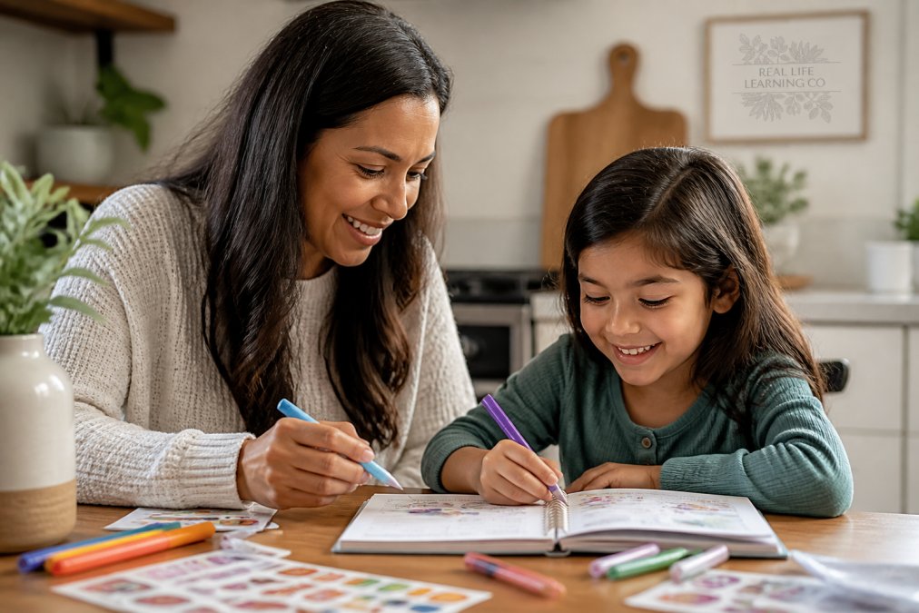 Parent and child sitting together at a kitchen table working on a journal activity with colored markers and stickers, both smiling and engaged