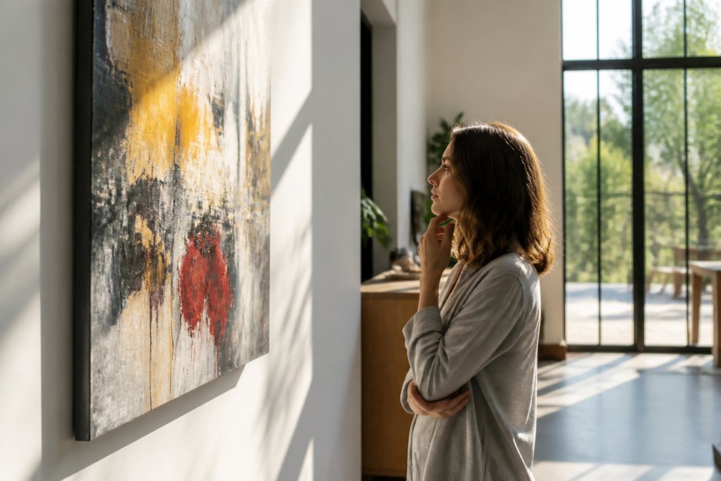 A person standing in front of an abstract painting in a modern home, studying the artwork with natural light streaming through large windows, creating warm shadows across their face