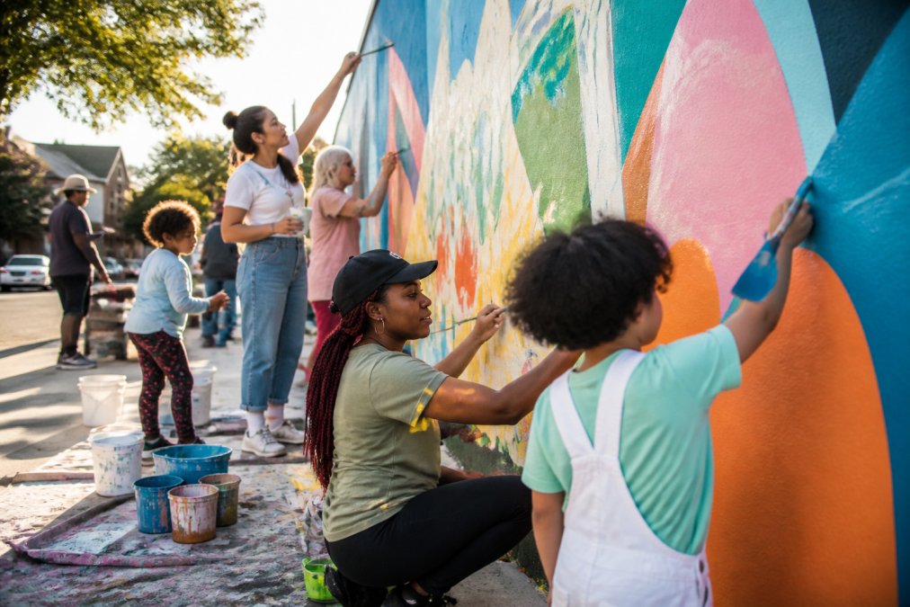 A diverse group of people collaborating on a community mural project, painting together on a large outdoor wall with bright colors and natural sunlight illuminating their work