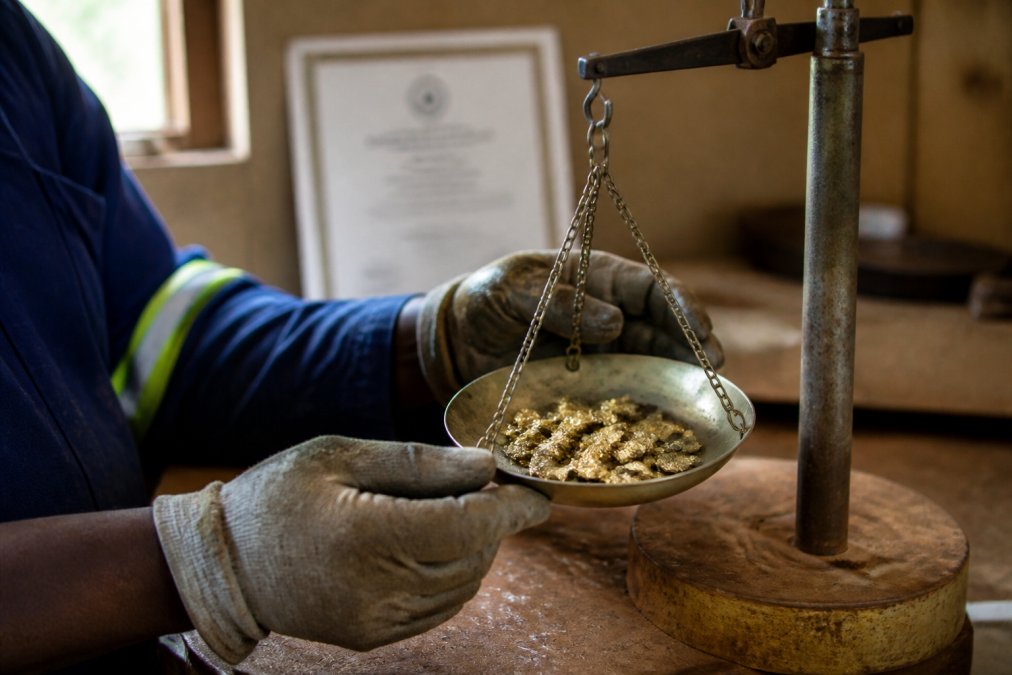 A miner in protective gloves holding raw gold nuggets near a fair trade gold certification document.