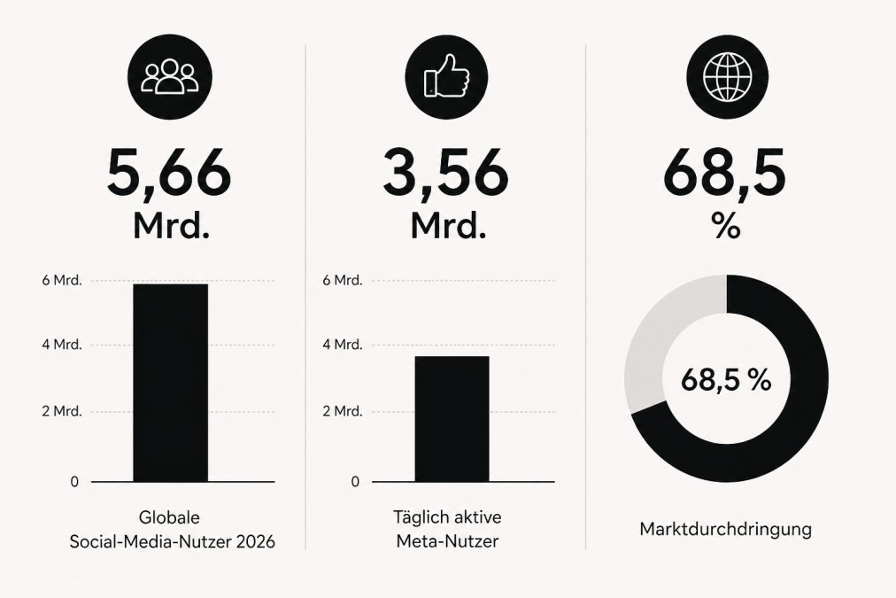 Balkendiagramm in Schwarz-Weiß: Globale Social-Media-Nutzer 2026: 5,66 Mrd. gesamt, 3,56 Mrd. täglich aktive Meta-Nutzer, Marktdurchdringung 68,5 Prozent