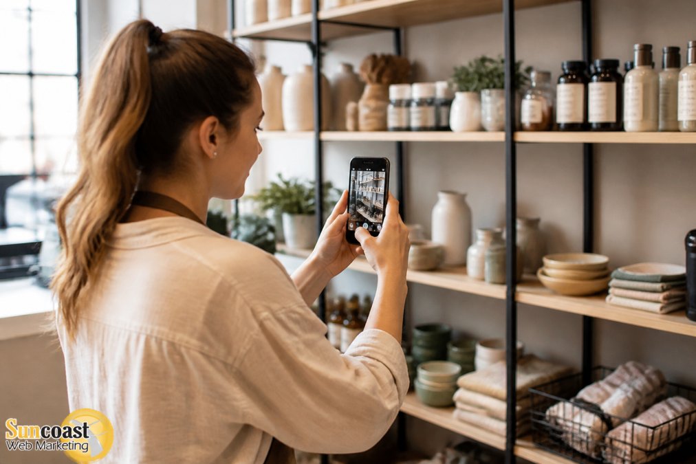 Retail store employee using a smartphone to photograph products for social media management for retail stores