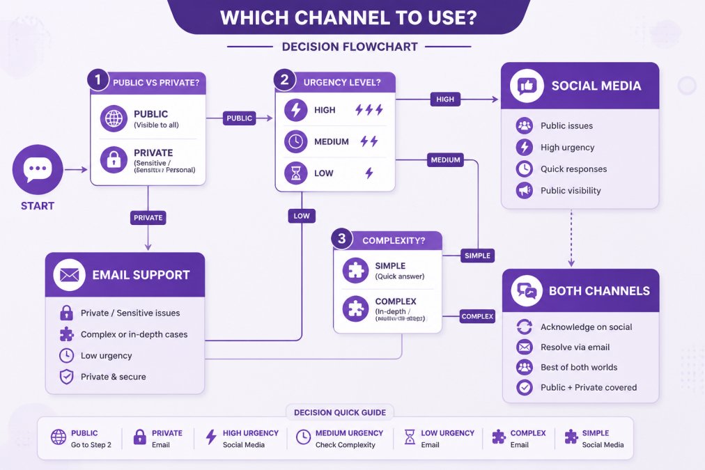 Decision flowchart showing routing logic: public vs private issues, urgency level, complexity, and appropriate channel selection with specific criteria