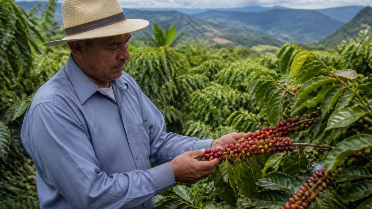 Coffee farmer inspecting ripe coffee cherries on a farm, with lush green plants and mountains in the background, showing hands-on agricultural work