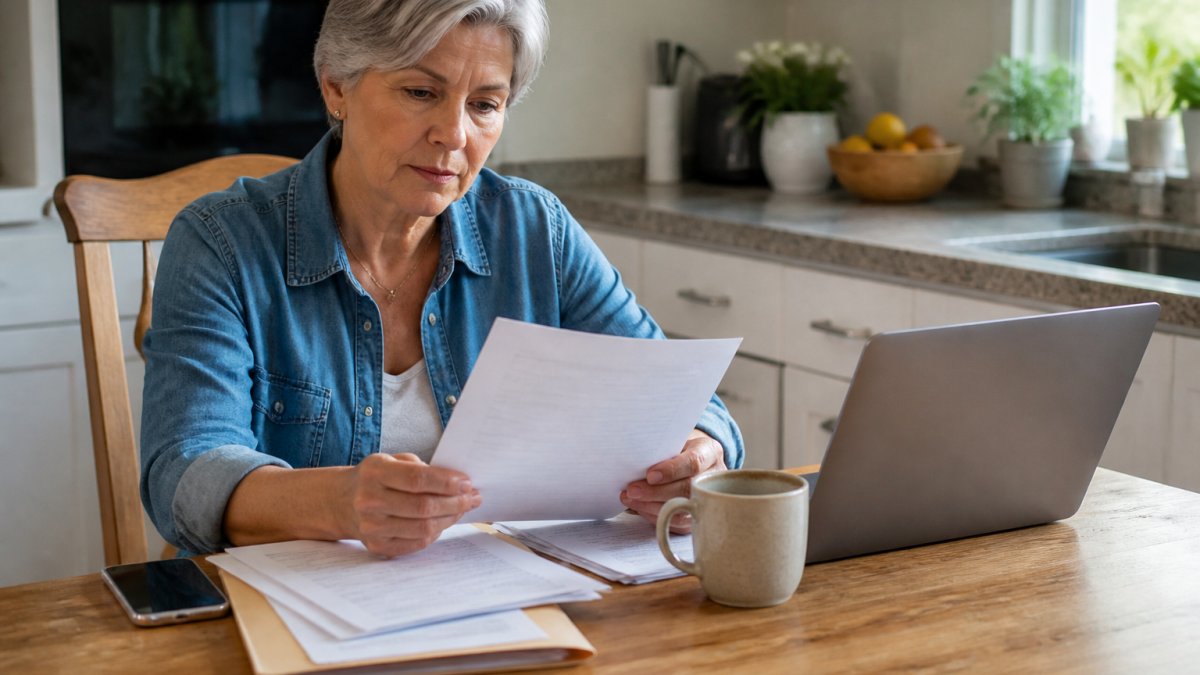 A widow in her 60s sitting at a kitchen table with a folder of documents, a laptop, and a phone, reviewing paperwork in natural daylight